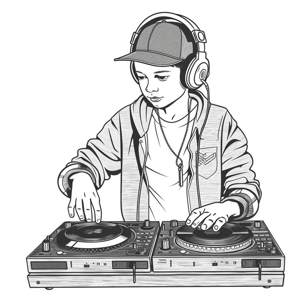 Black and white outline of a kid deejaying