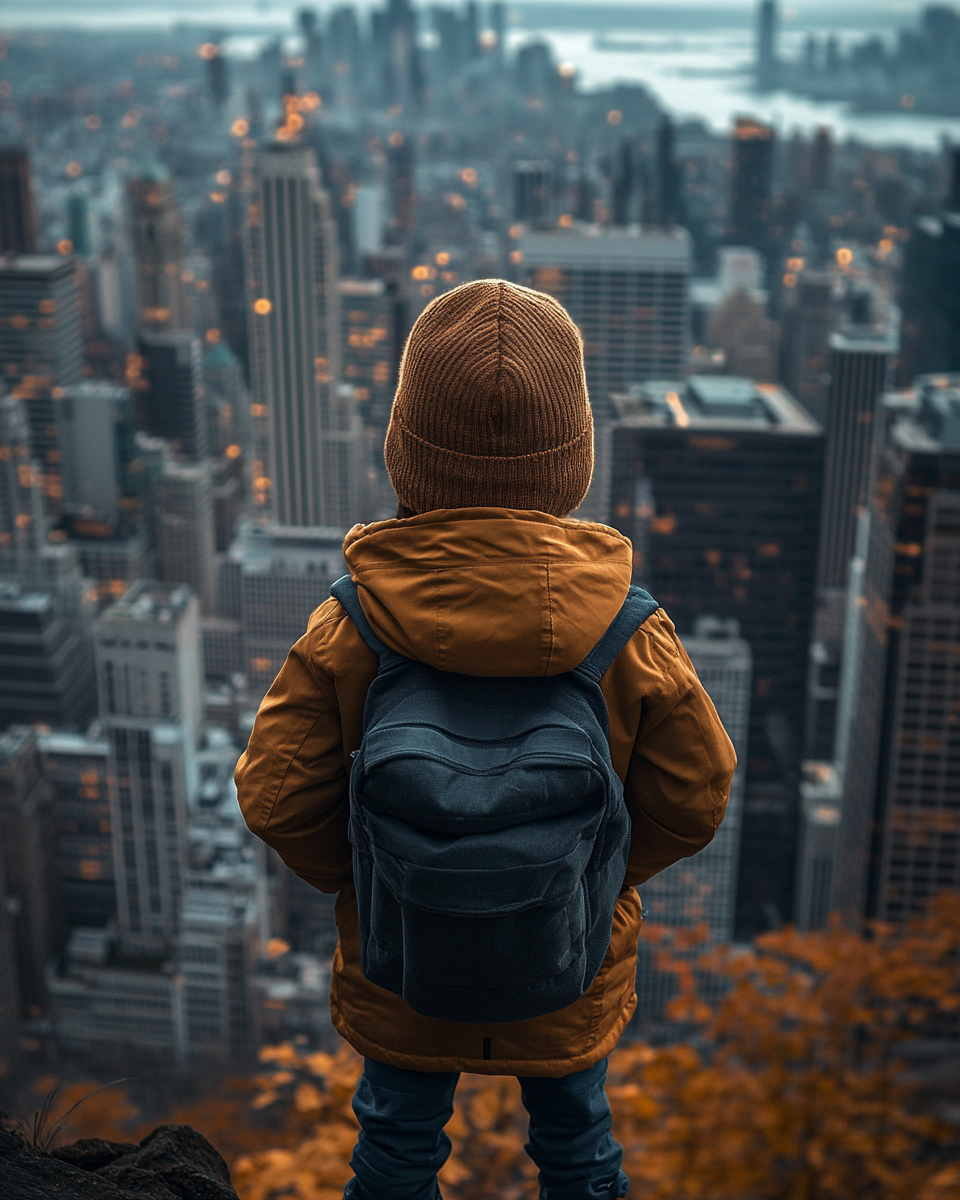 kid gazes at fading cityscape through camera lens.