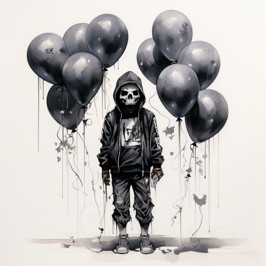 Kid with Hoodie and Gas Mask Holding Balloons