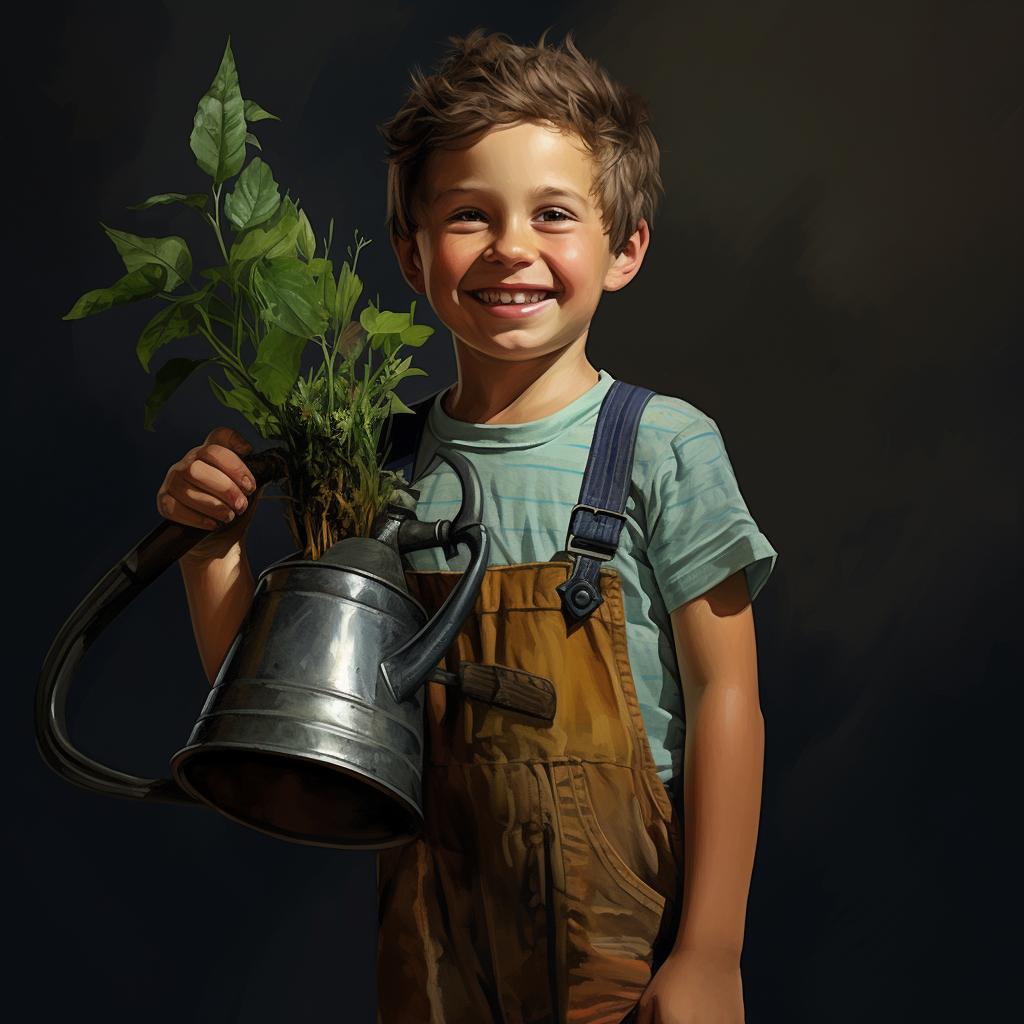 Smiling kid with kinetic arm holding watering can