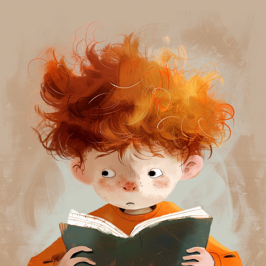 Kid with orange brown hair reading books