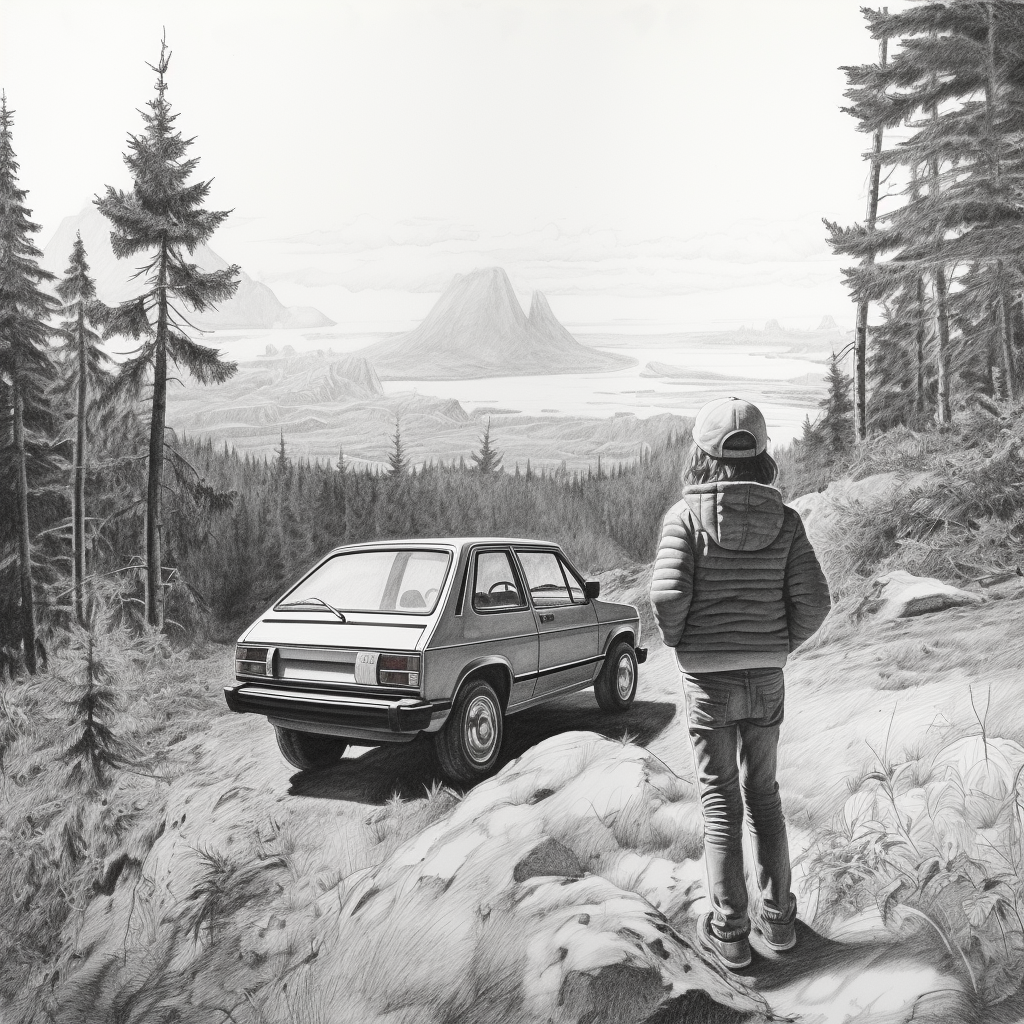 Sketch of kid admiring MK4 GTI in PNW