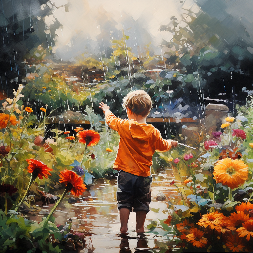 Little Kid Playing in Rain