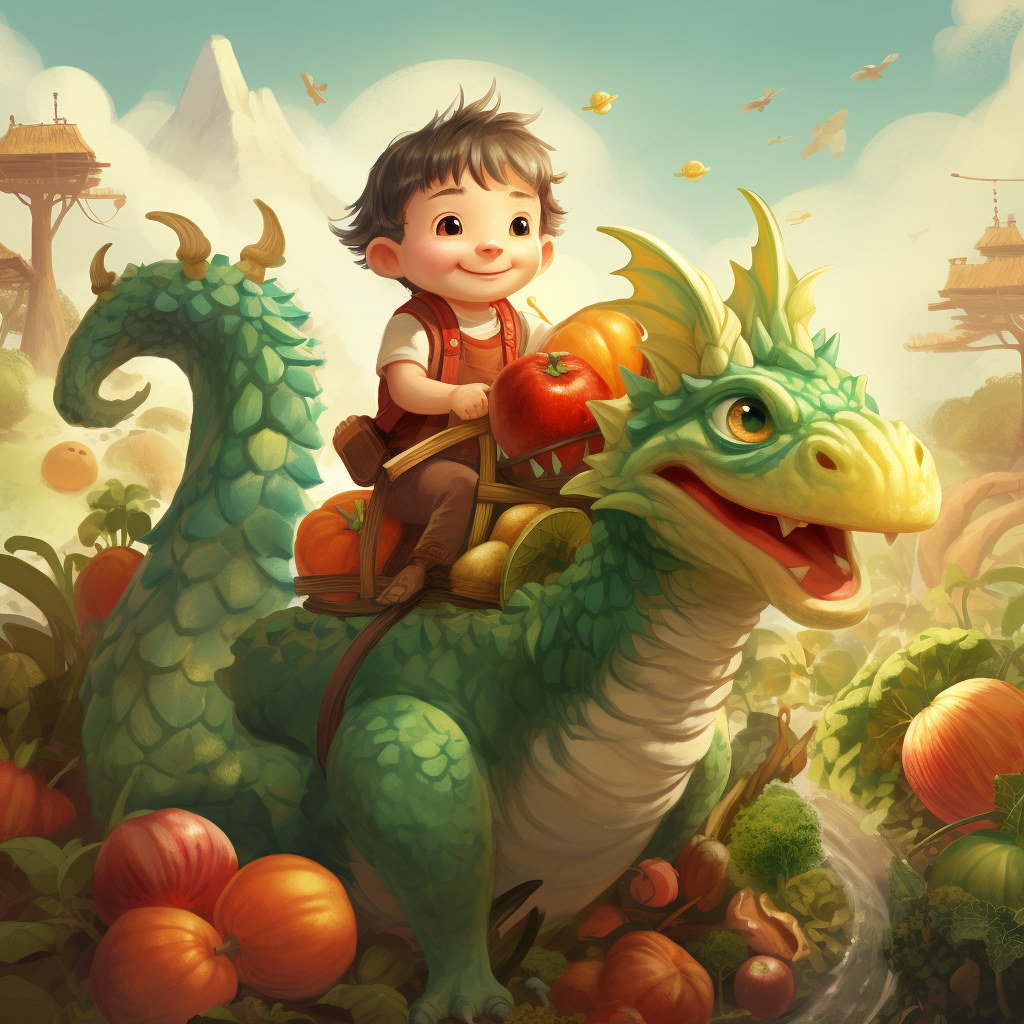 Kid Riding Chinese Dragon Vegetables Spring Illustration