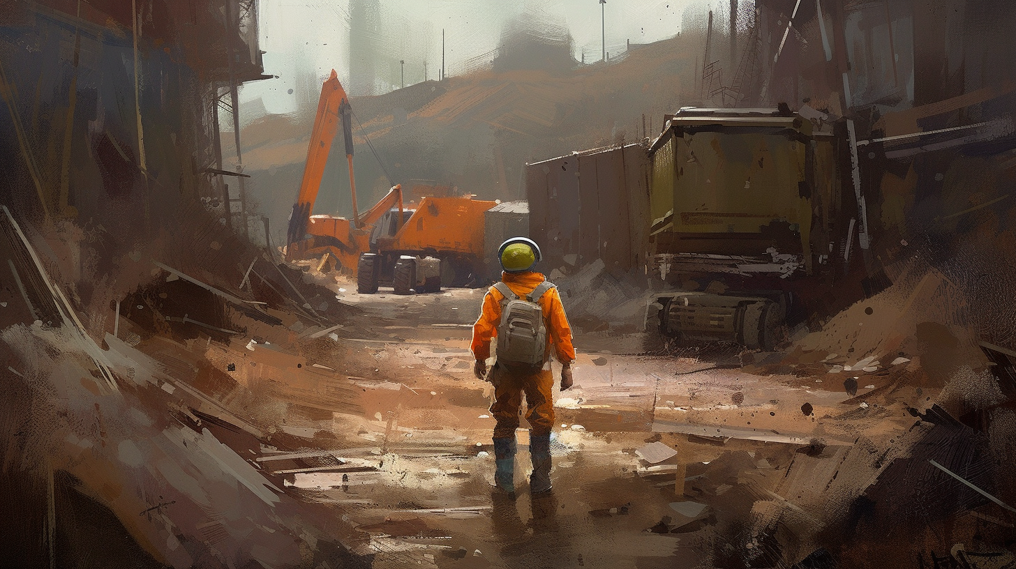 Kid running through construction site with safety helmet