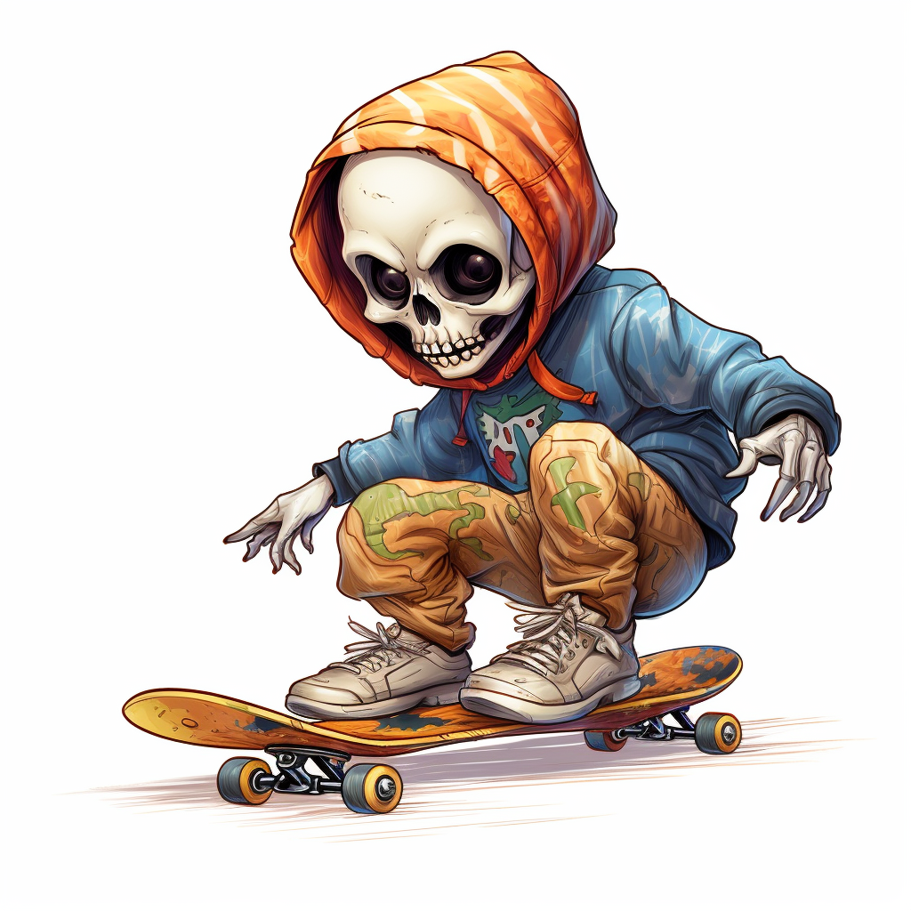 Colorful kid wearing skeleton mask performing skateboard tricks