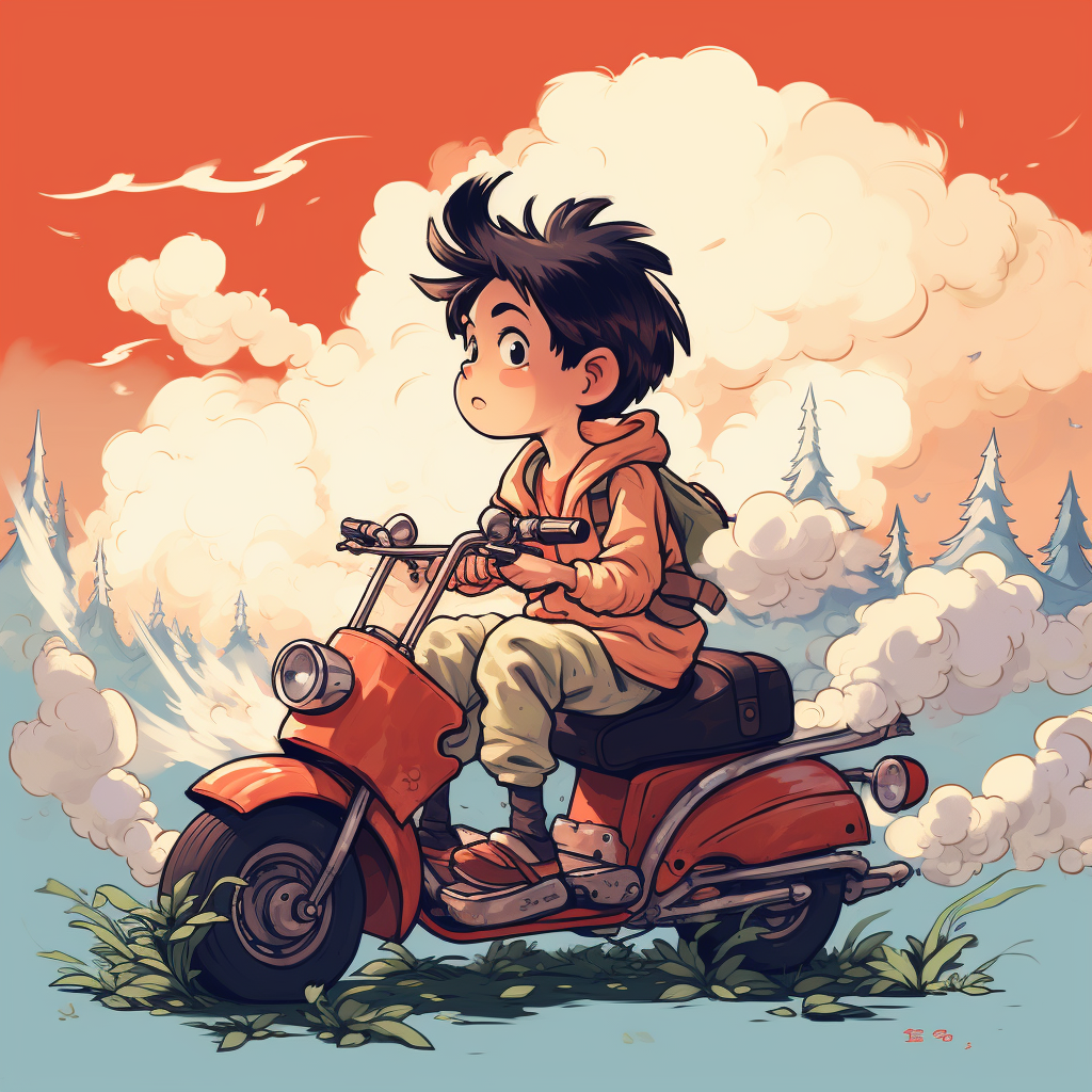 Kid smoking cigarette on moped Ghibli style