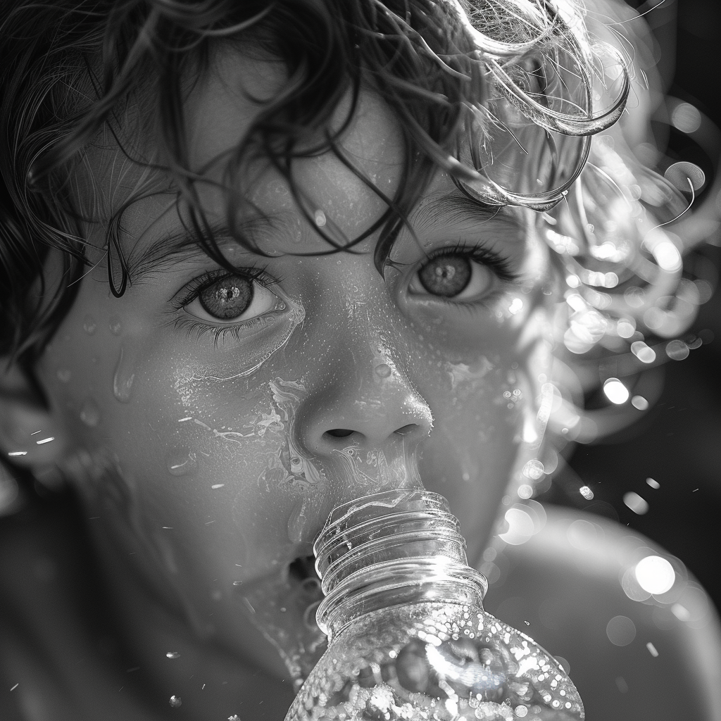 Kid spitting water from glass bottle