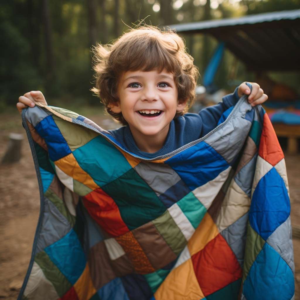 Child camping with a large quilt