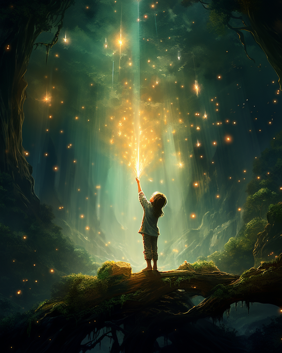 Kid Reaching Star in Colorful Fantasy Realism