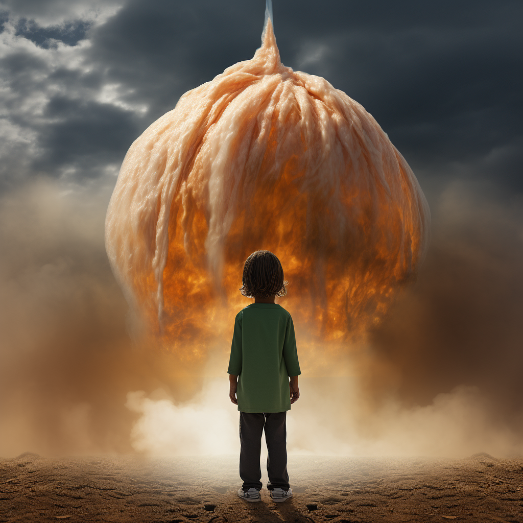 Kid waving flag with scary pumpkin and smoke in city