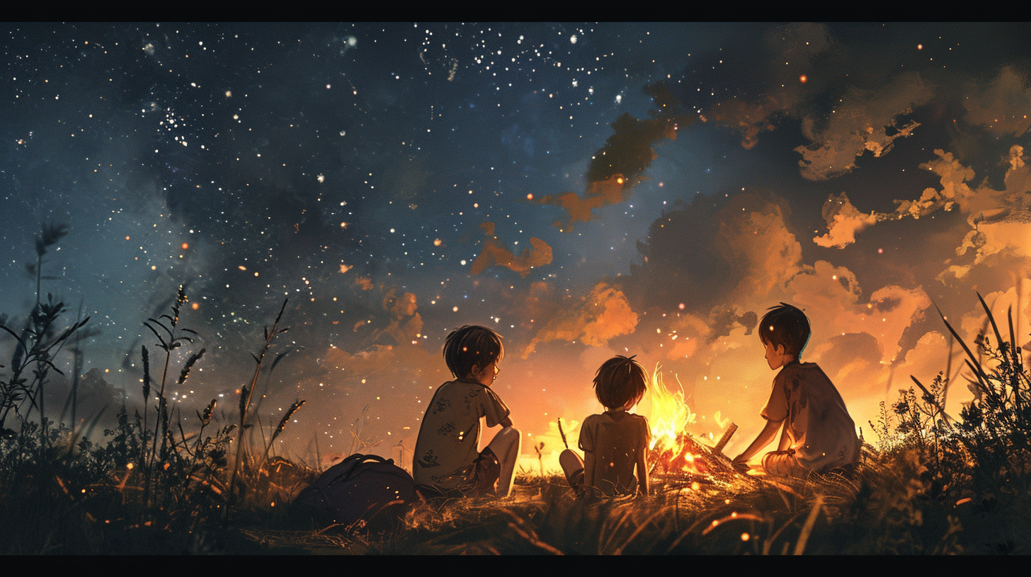 Kids sitting around bonfire under stary sky