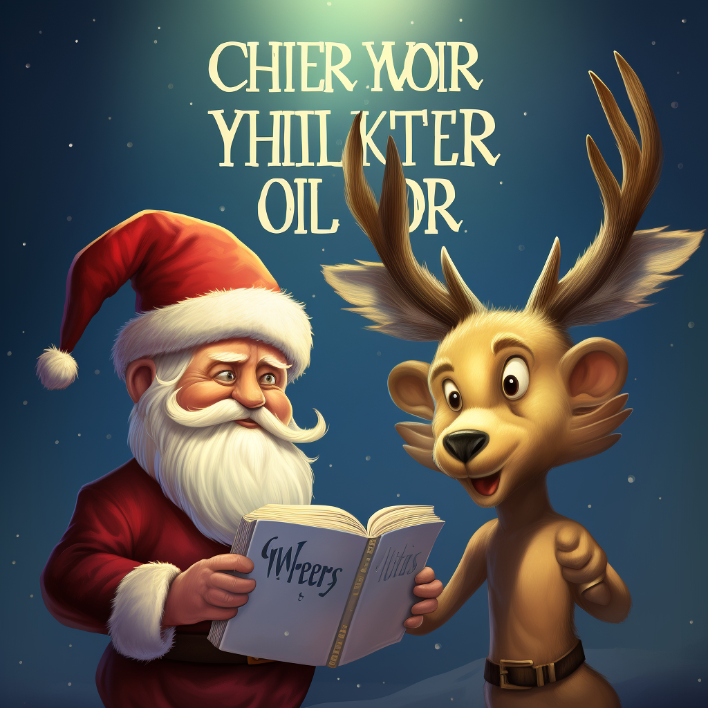 Cartoon Santa Claus and Reindeer in Funny Christmas Book