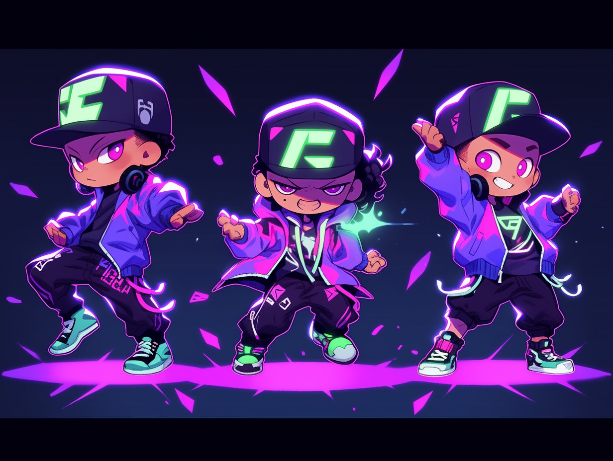 Energetic breakdancing hip hop chibi characters