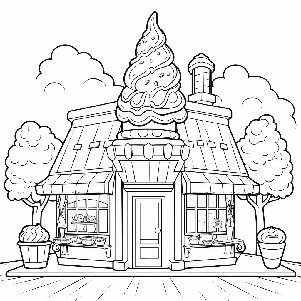 Kids coloring book outside an ice cream shop