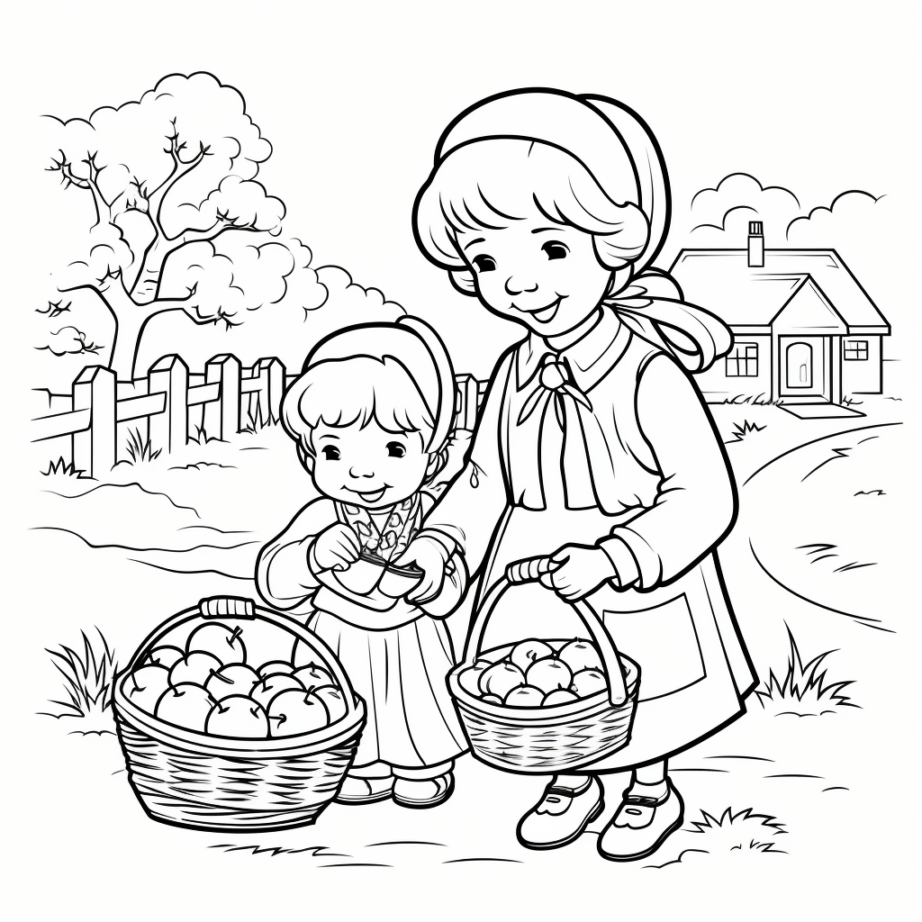 Kids coloring book picture with grandmother and strawberry