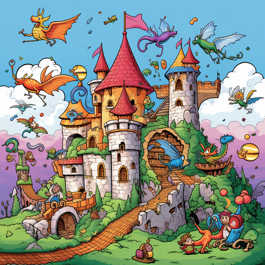 Cartoon kids fairies dragon castle