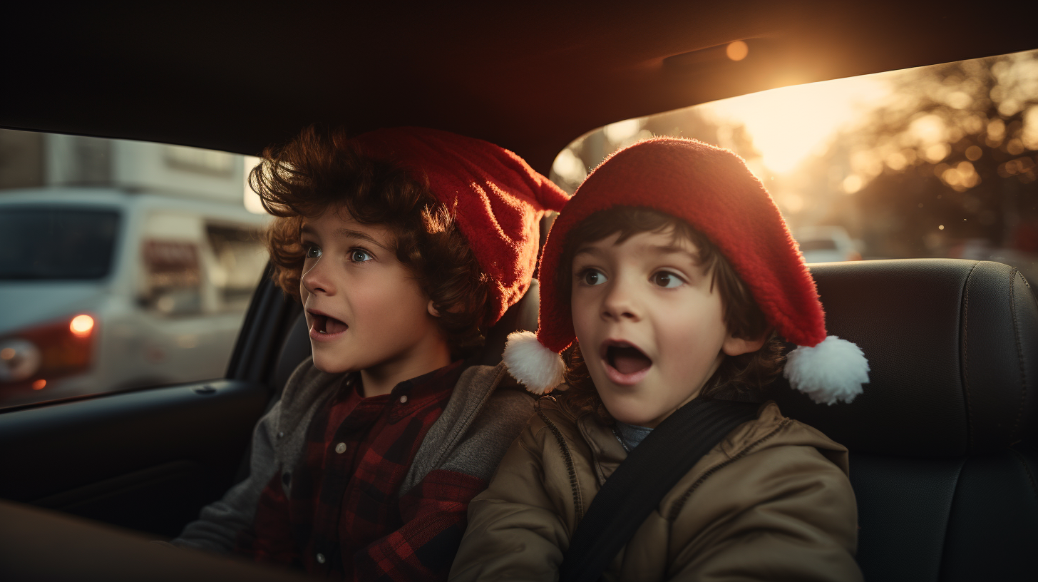 Two Kids Playfully Fighting with Santa Hats