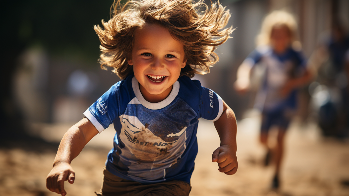 Kids playing football in action