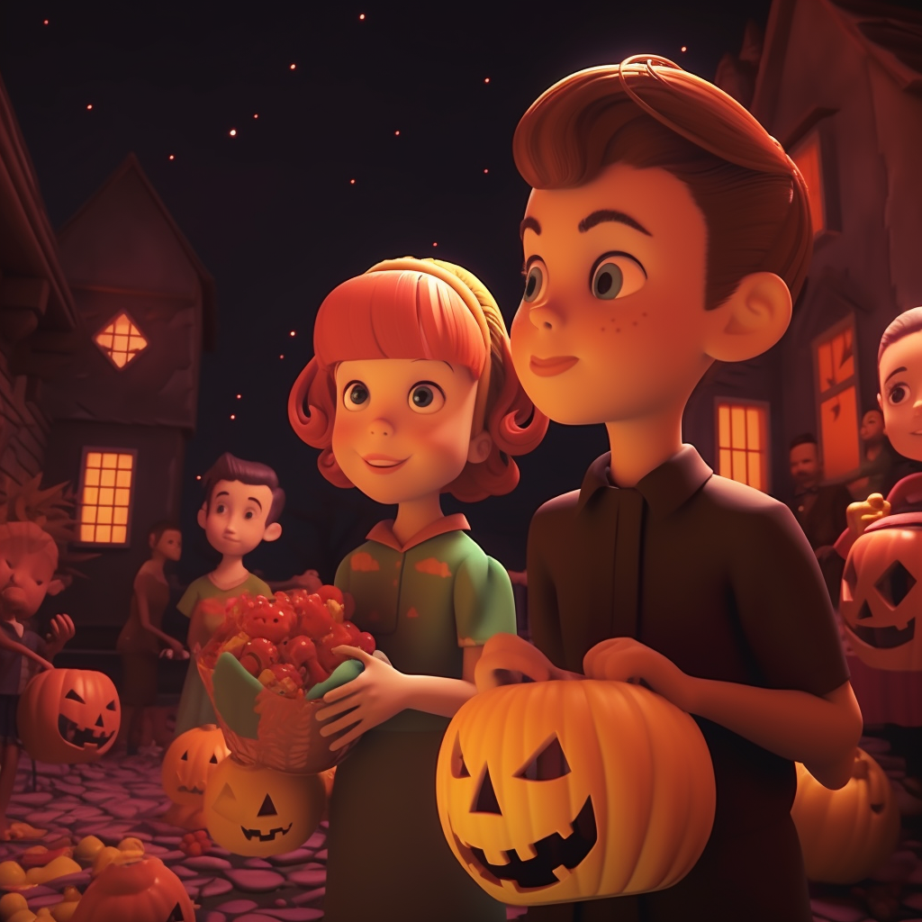 Kids enjoying Halloween candy in 2D animation