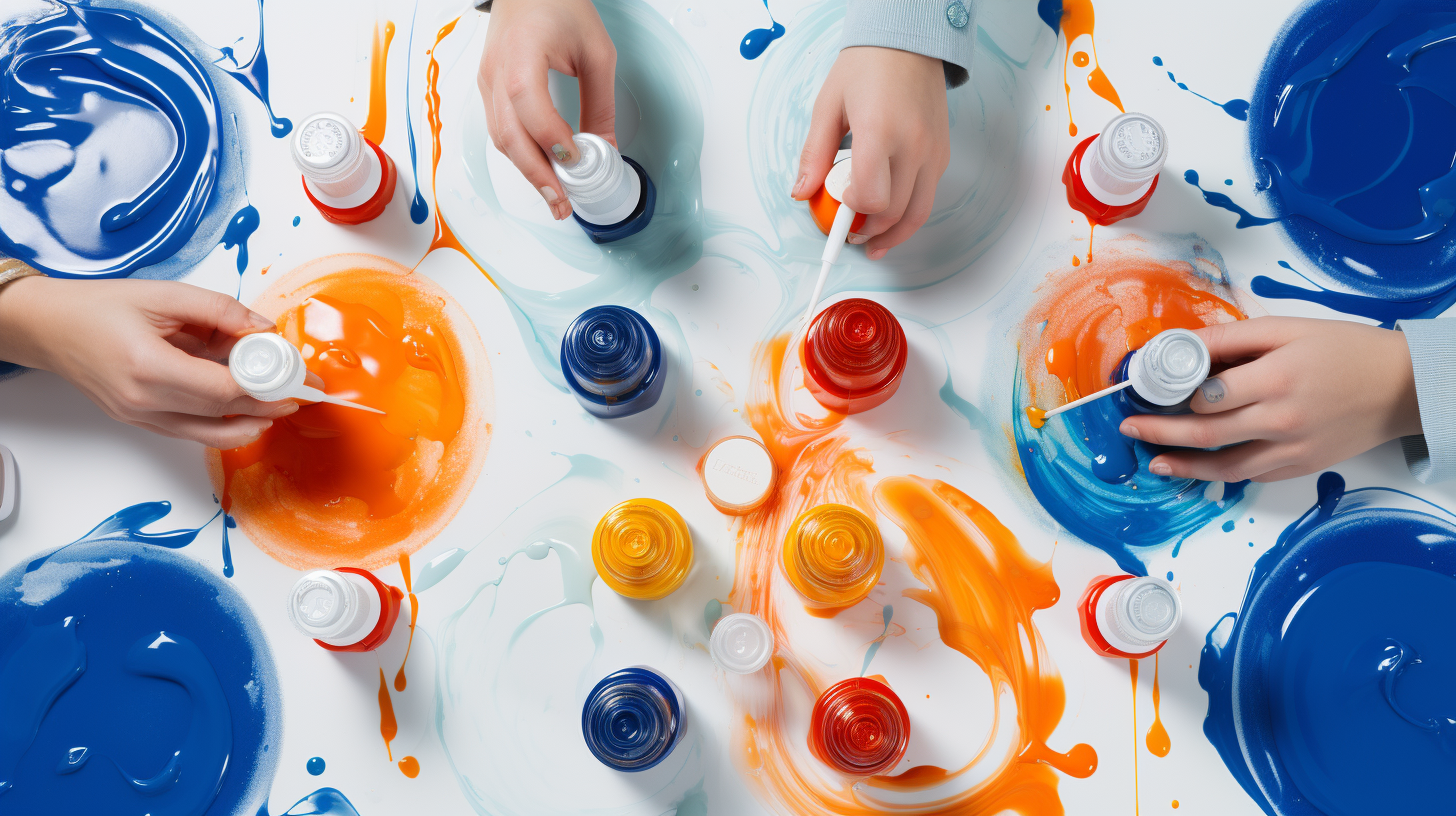 Kids hands painting with acrylic paint bottles