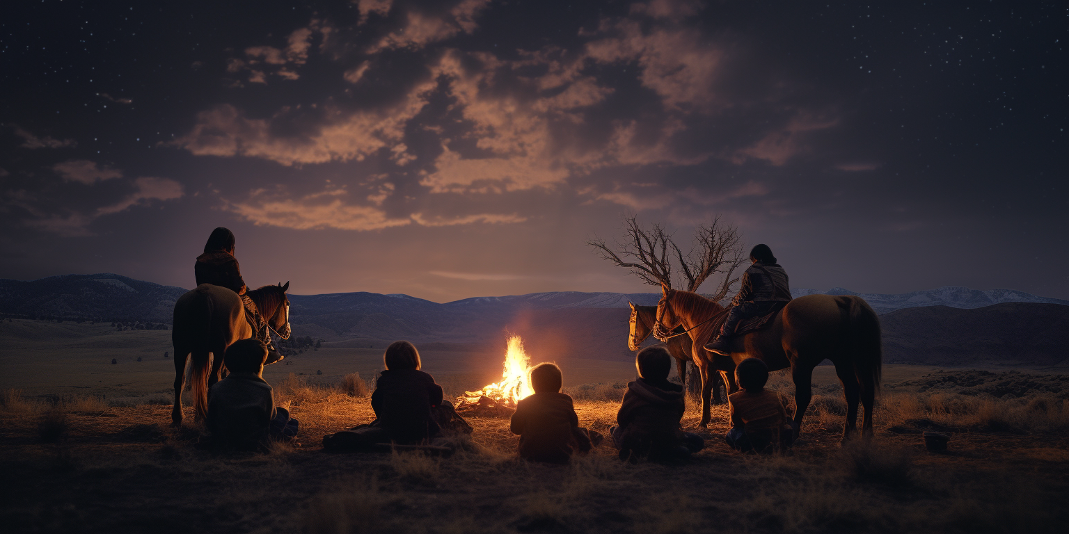 Kids on horses around a campfire under a beam of light