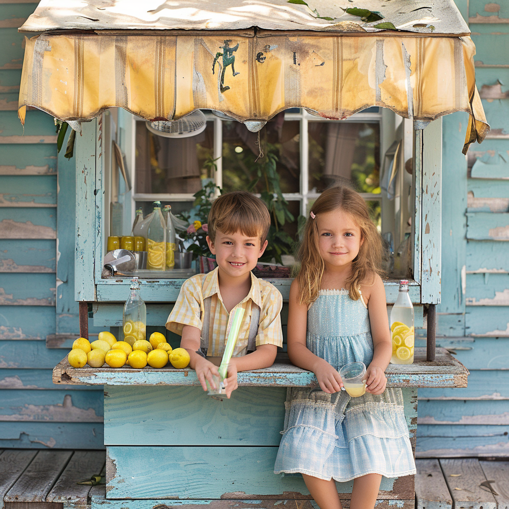 Two kids lemonade stand outdoors