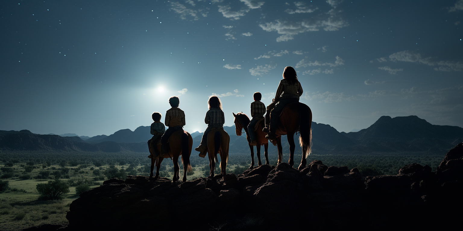 Children observing beam of light in dark landscape