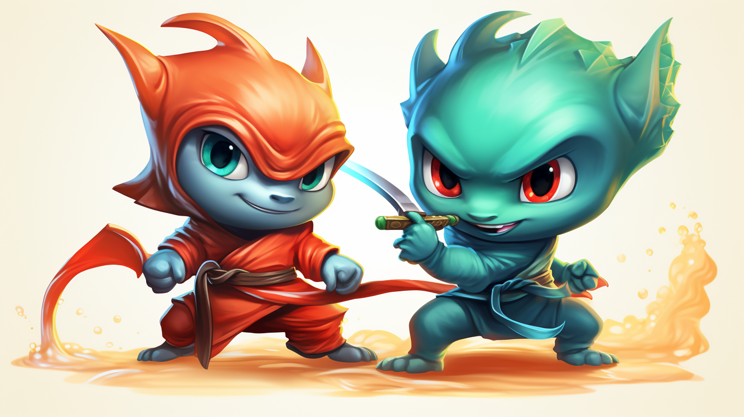 Kids ninja fighting dragons in realistic cartoon style