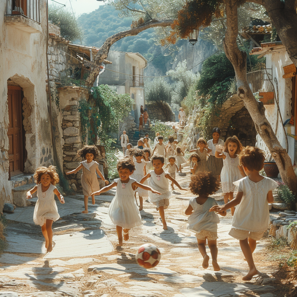 Kids Playing Football in Greek Village