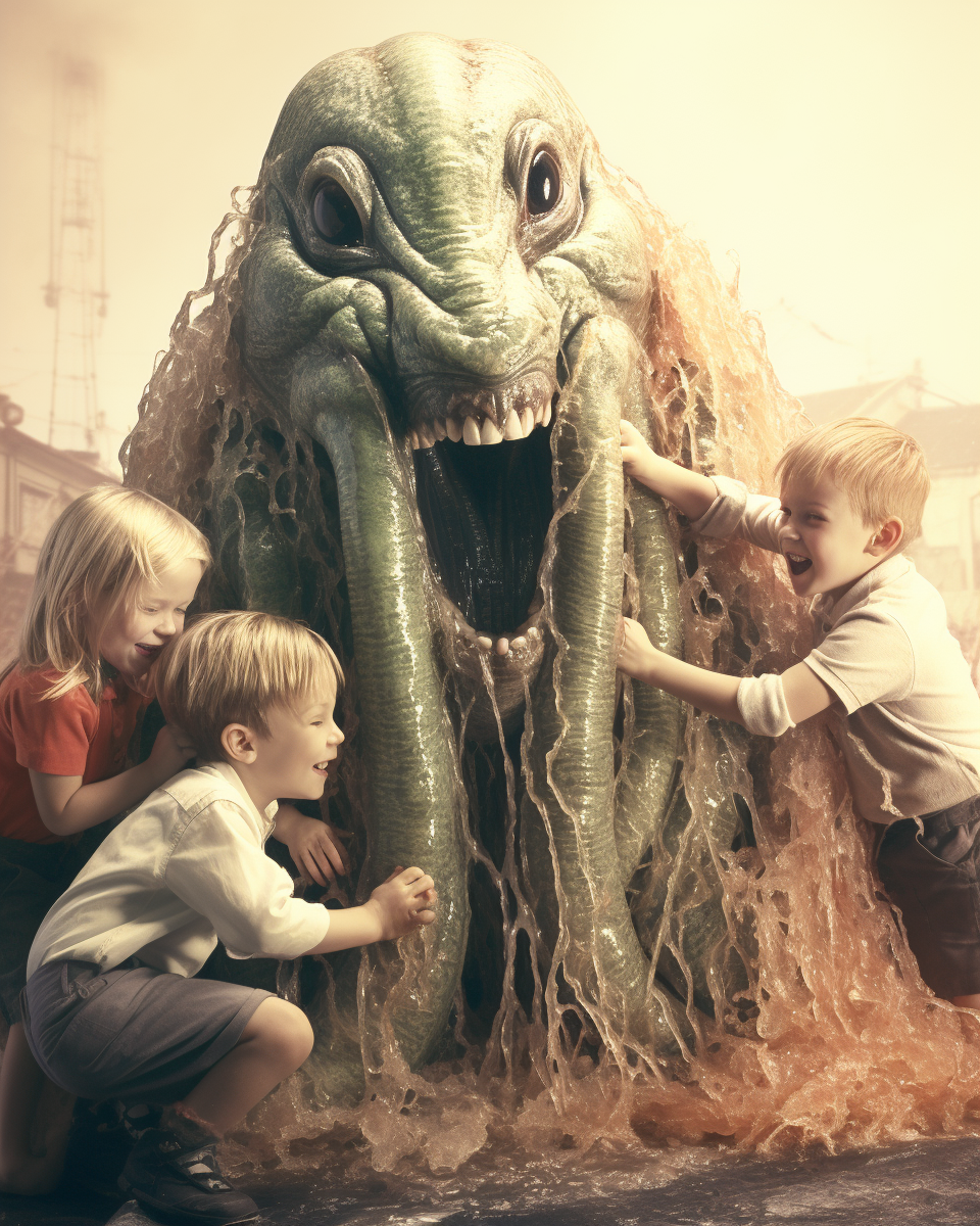 Kids playing with giant slimy monster