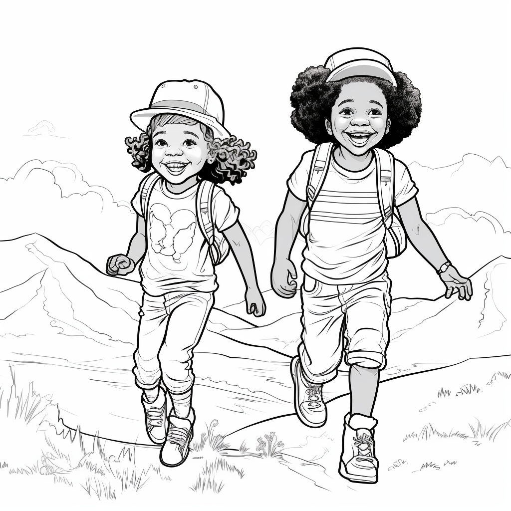 Black and white coloring page of two African American kids playing in nature and smiling