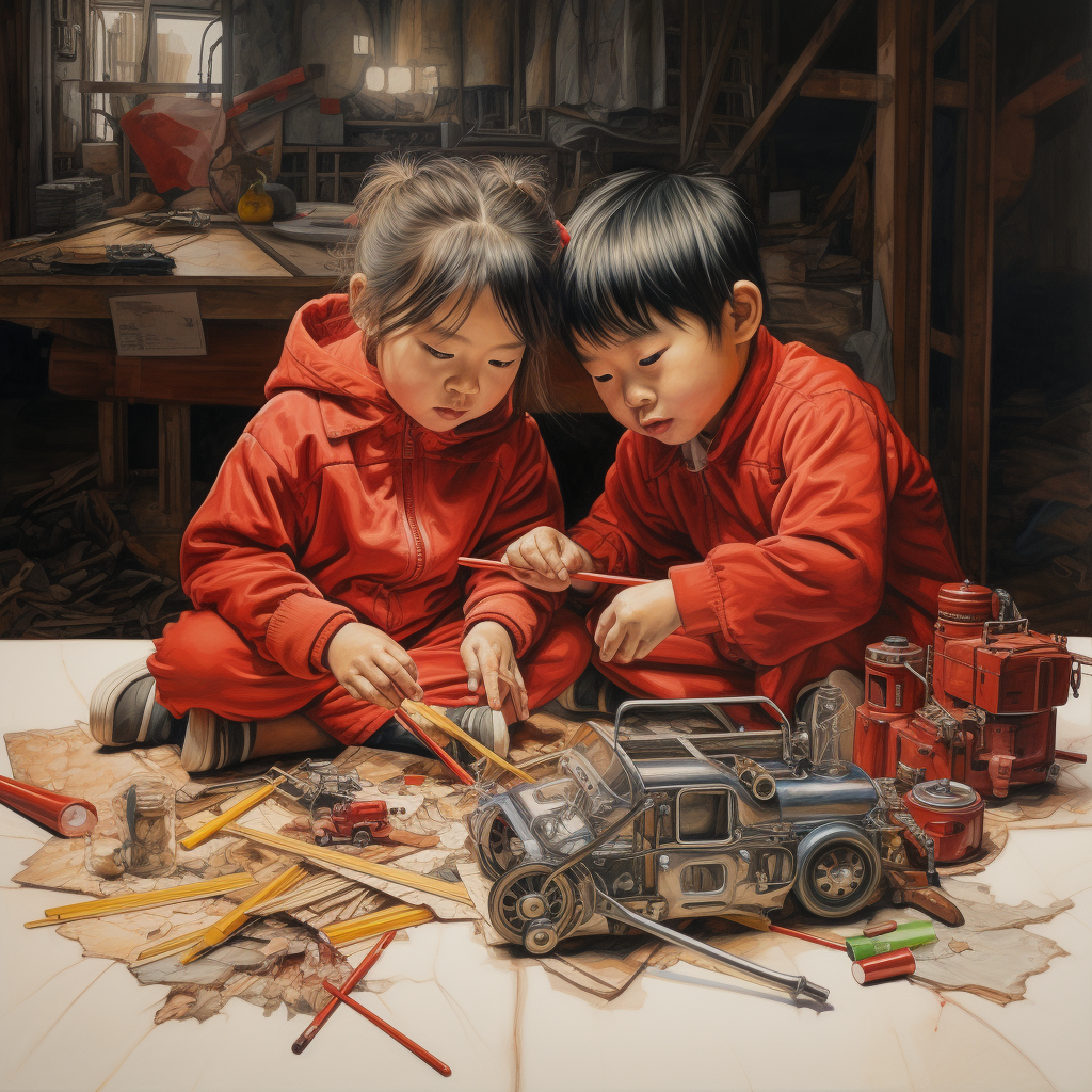 Two kids enjoying art with red pencils