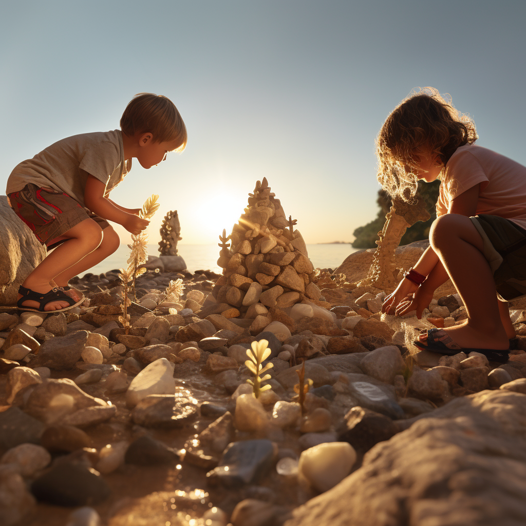 Kids playing with rocks in summertime