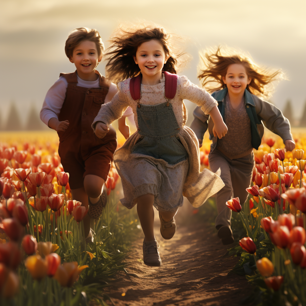 Happy kids running through tulip field