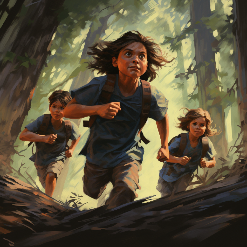 Three kids running in the woods