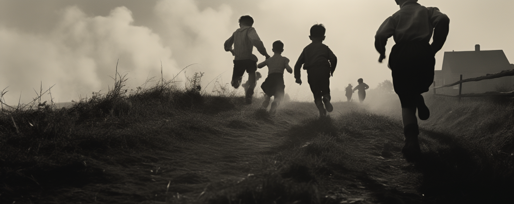 Children running up a high hill