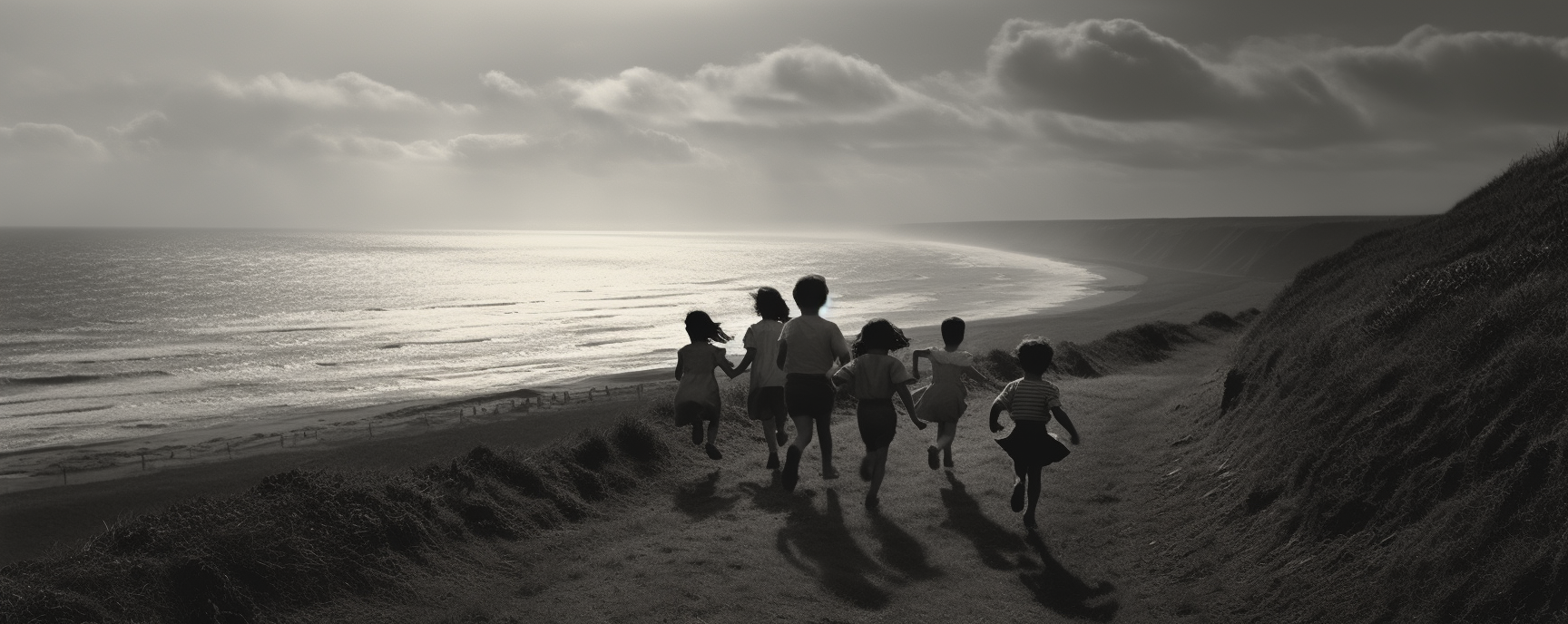 Group of Children Running Up Hill on Beach