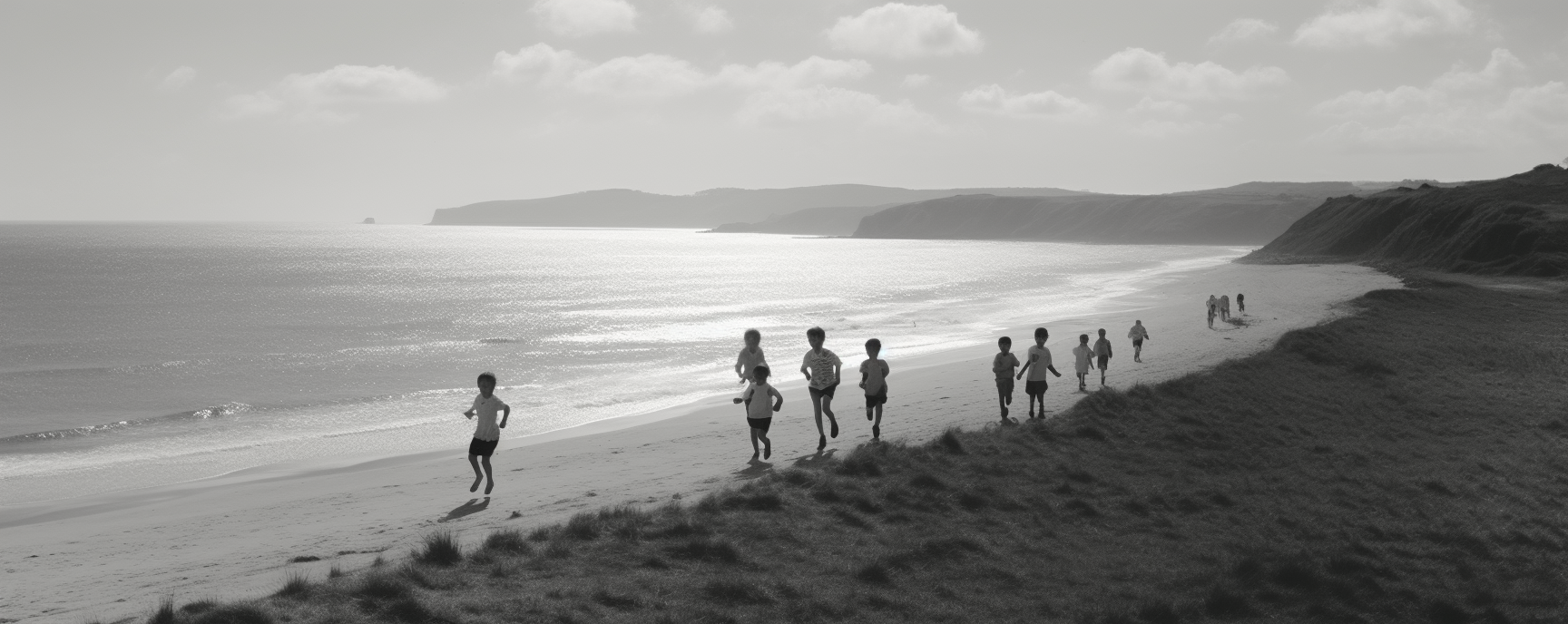 Children running up hill on a beach