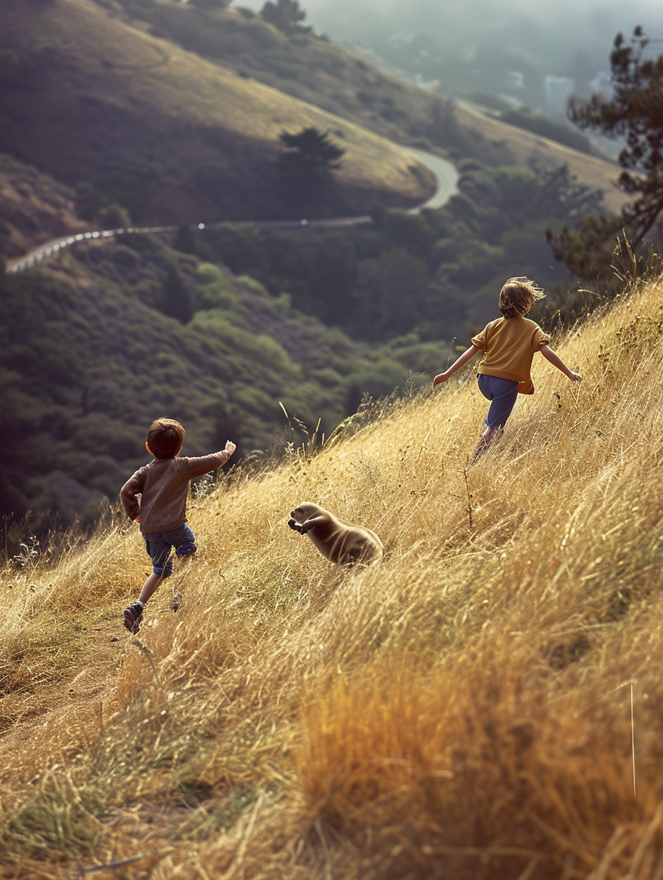 Kids running up San Francisco hill chasing otter