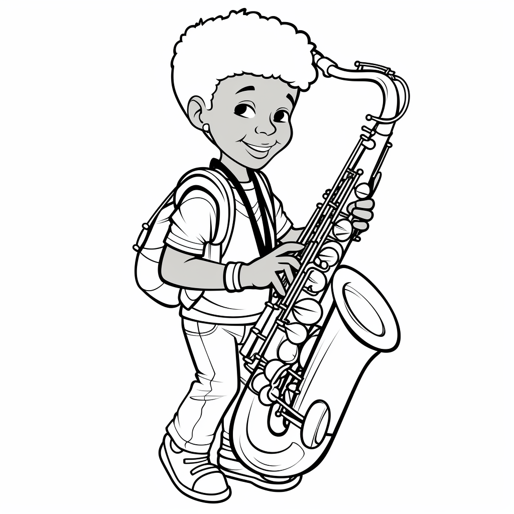 Cartoon-style saxophone coloring page for kids