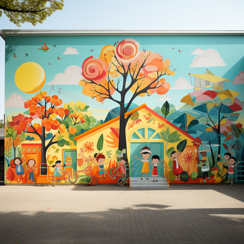 Colorful mural of kids at school