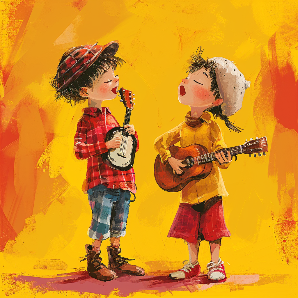 Kids singing songs illustration in yellow and red