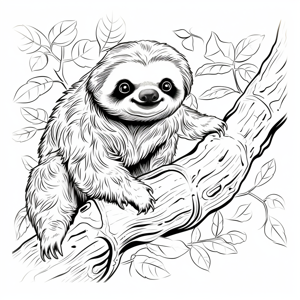 Cute sloth on a tree coloring page