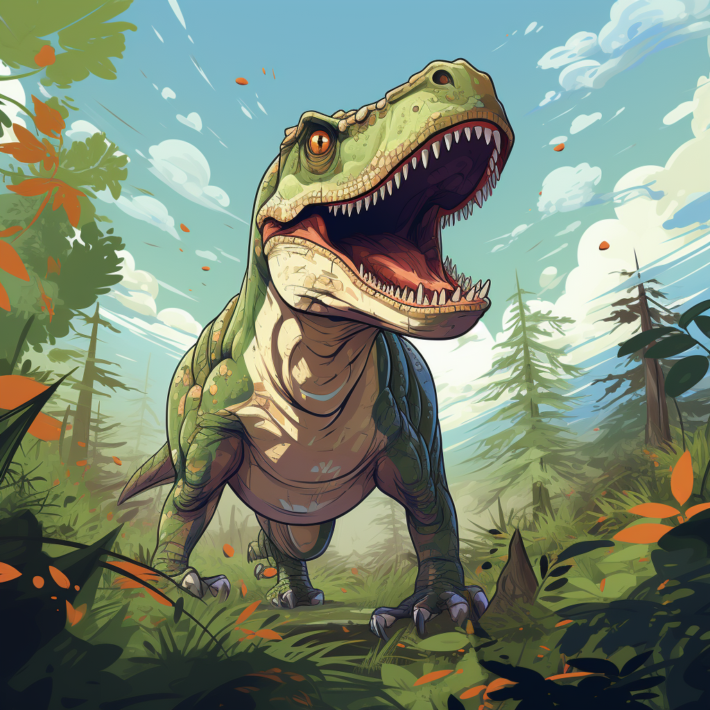 Cartoon-style kids tyranosaurus in forest