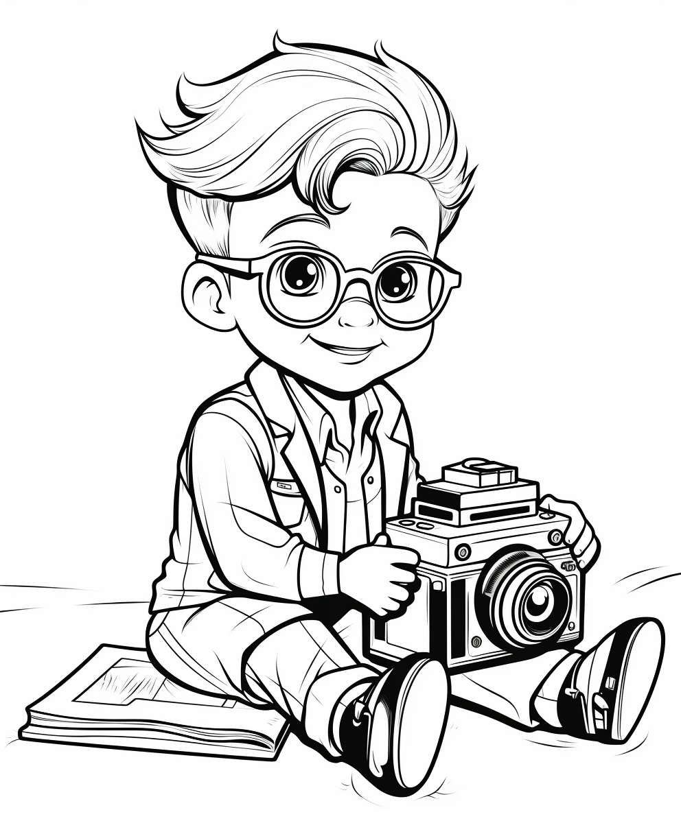 Cartoon illustration of little boy filmmaker coloring page