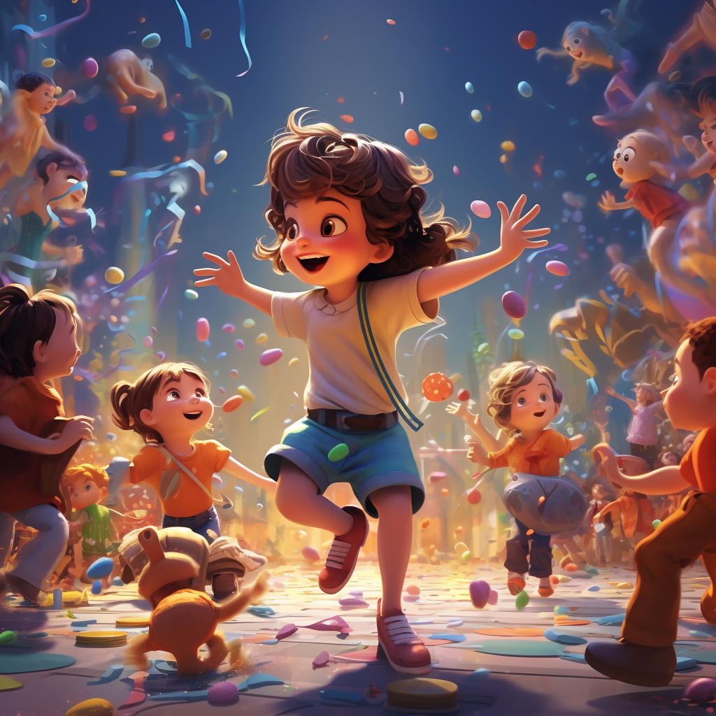 Beautiful illustration of kids dancing and playing in a fantasy land