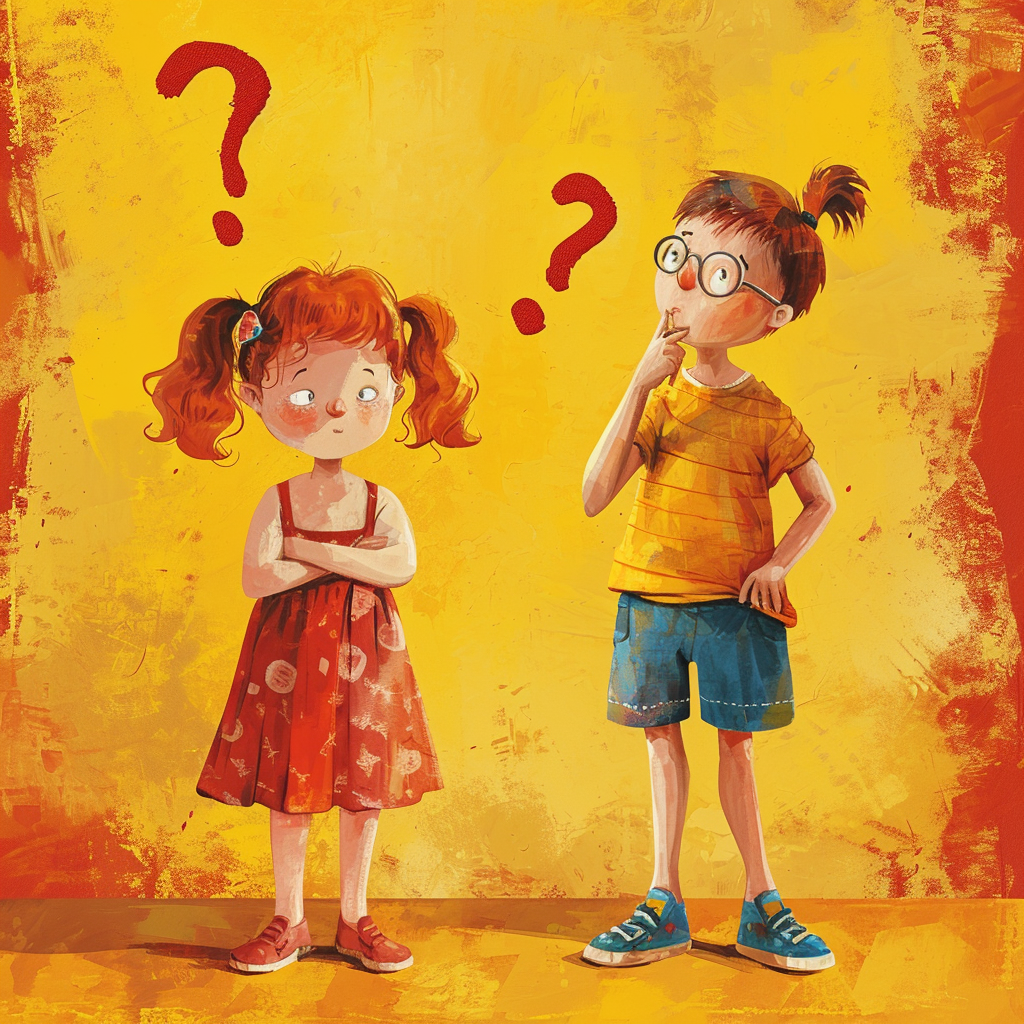 Kids guessing game illustration in yellow and red