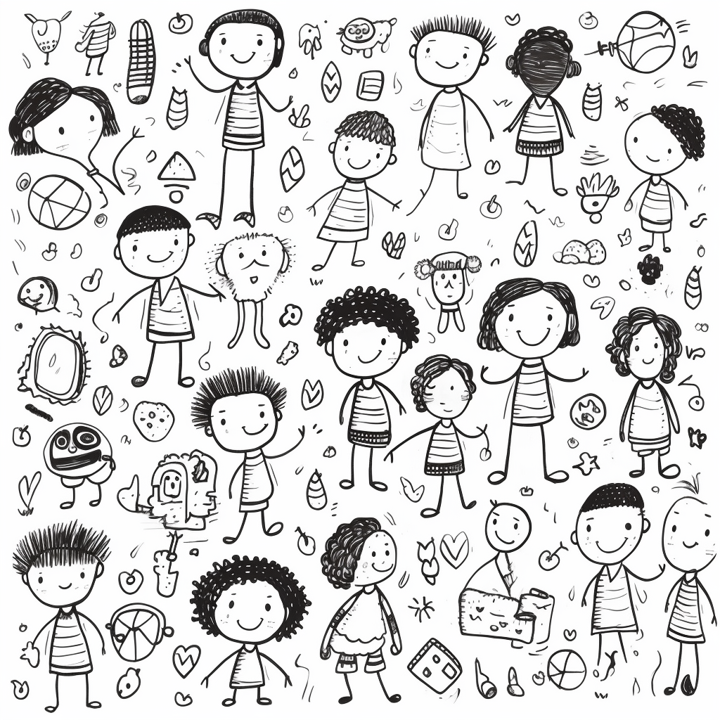 Hand-drawn line art of kids expressing various emotions