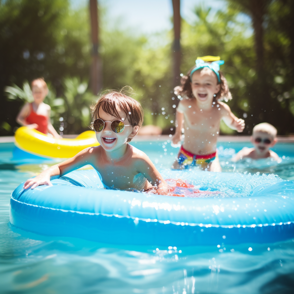 Kids enjoying summer in a swimming pool.